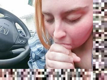 redhead tattooed slut sucks dick in car and swallows cum