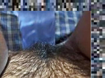 Close up horny slut fucks hairy pussy with huge dildo