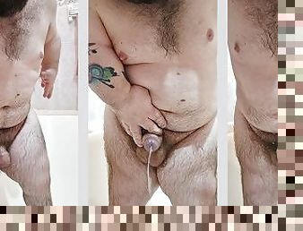 Midget in the bathroom jerk off his uncut cock with tight foreskin and cum fast