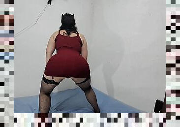 Pov - Bubble Butt Amateur Wearing A Red Dress And Fishnet Stockings Sucks Her Boyfriend Cock