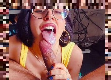 payudara-besar, kacamata, blowjob-seks-dengan-mengisap-penis, sperma, cantik, payudara, penis, latihan