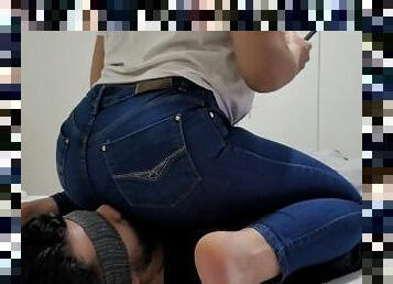 Facesitting, farting and handjob in jeans with ruined orgasm
