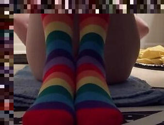 Peeing in white panties and rainbow thigh high socks
