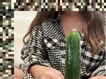 Fucking my tight pussy with giant cucumber