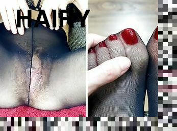 NYLON WORSHIP! Hairy pussy in black nylon pantyhose and red toes in nylon (teaser)