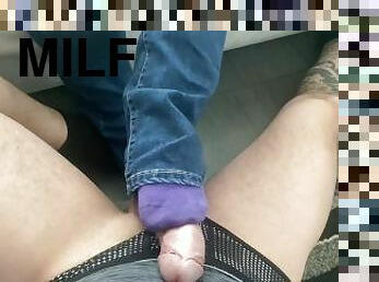 The milf next door jerks my cock with her hands and feet, big cum on sexy soles....
